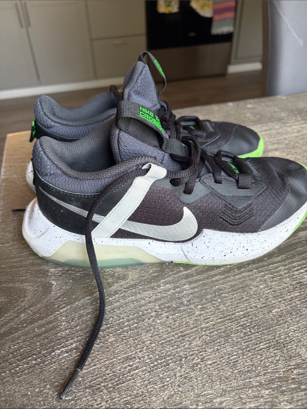 Nike Zoom Crossover Kids Black Sneakers with White Swoosh and Green Accents